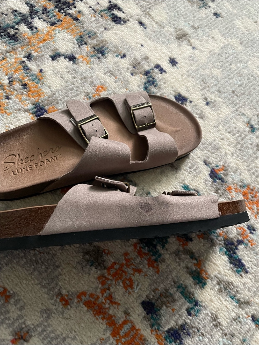 Skechers Luxe Foam Taupe Double-Buckle Slide Sandals. - Picture 4 of 5